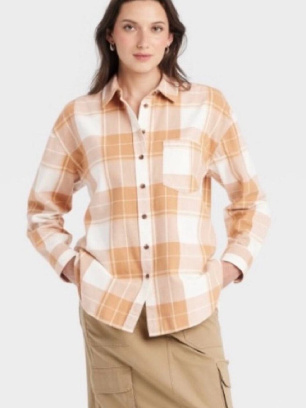 Universal Thread Tan and White Plaid Button-Up Shirt